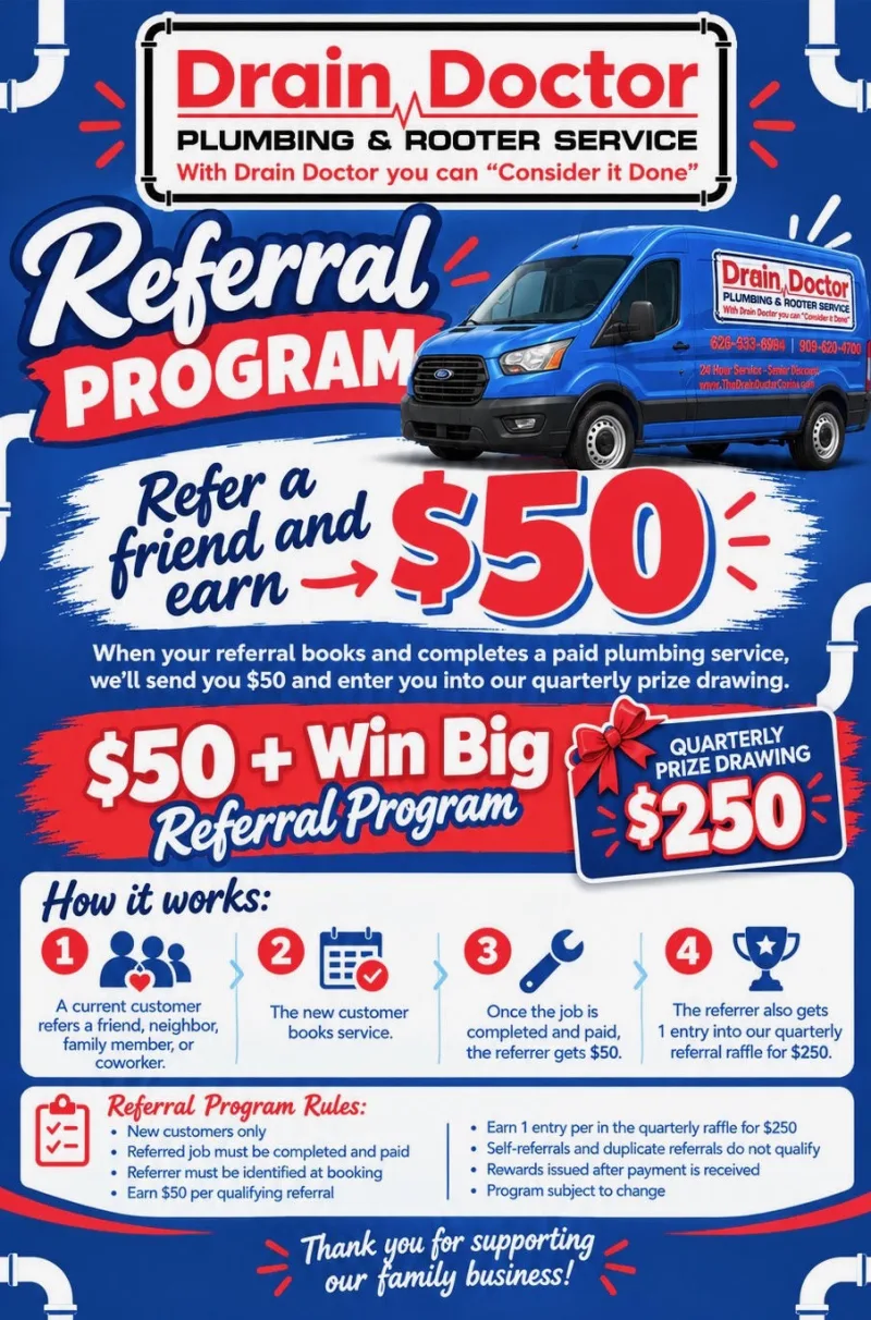 Drain Doctor referral program flyer: refer a friend and earn $50, plus a quarterly $250 prize drawing